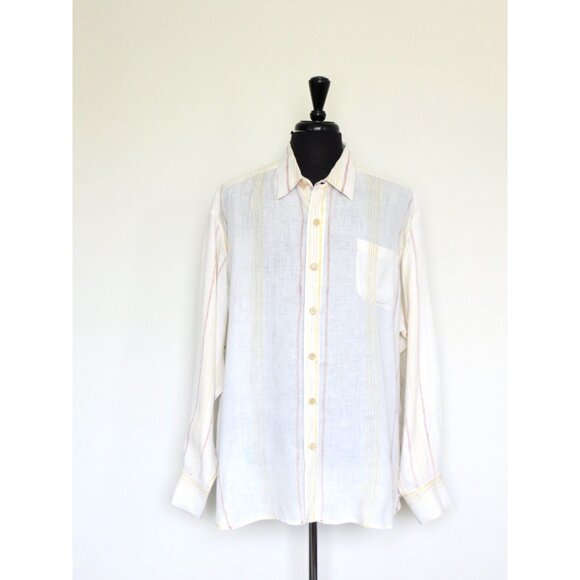 Tommy Bahama Relax 100% Linen Button Front Shirt Striped Ivory Yellow XXL - Picture 1 of 7